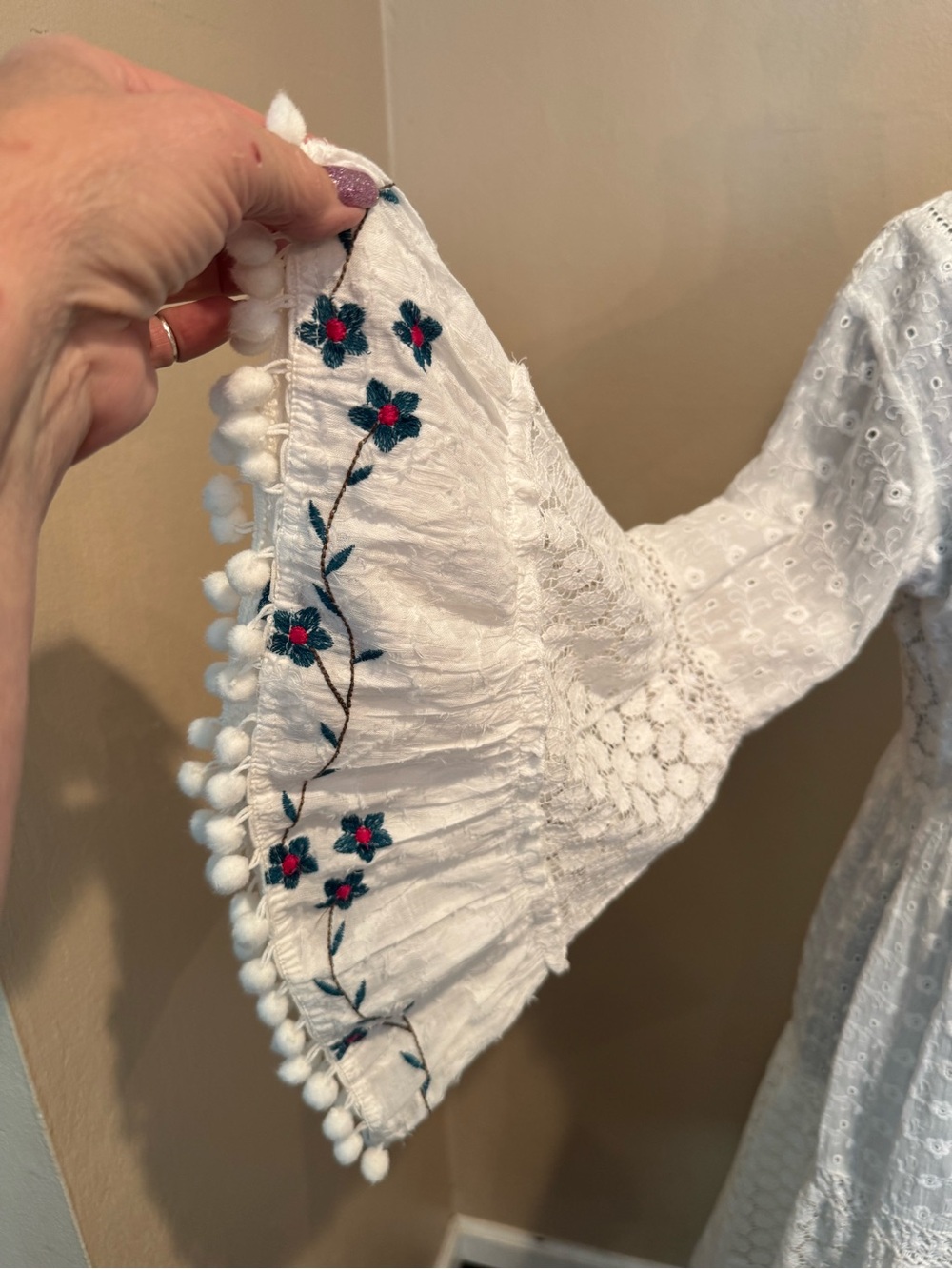 Gorgeous Boho White Embroidered Dress with Colorful Floral Detail & Pom Pom Trim - Picture 3 of 7